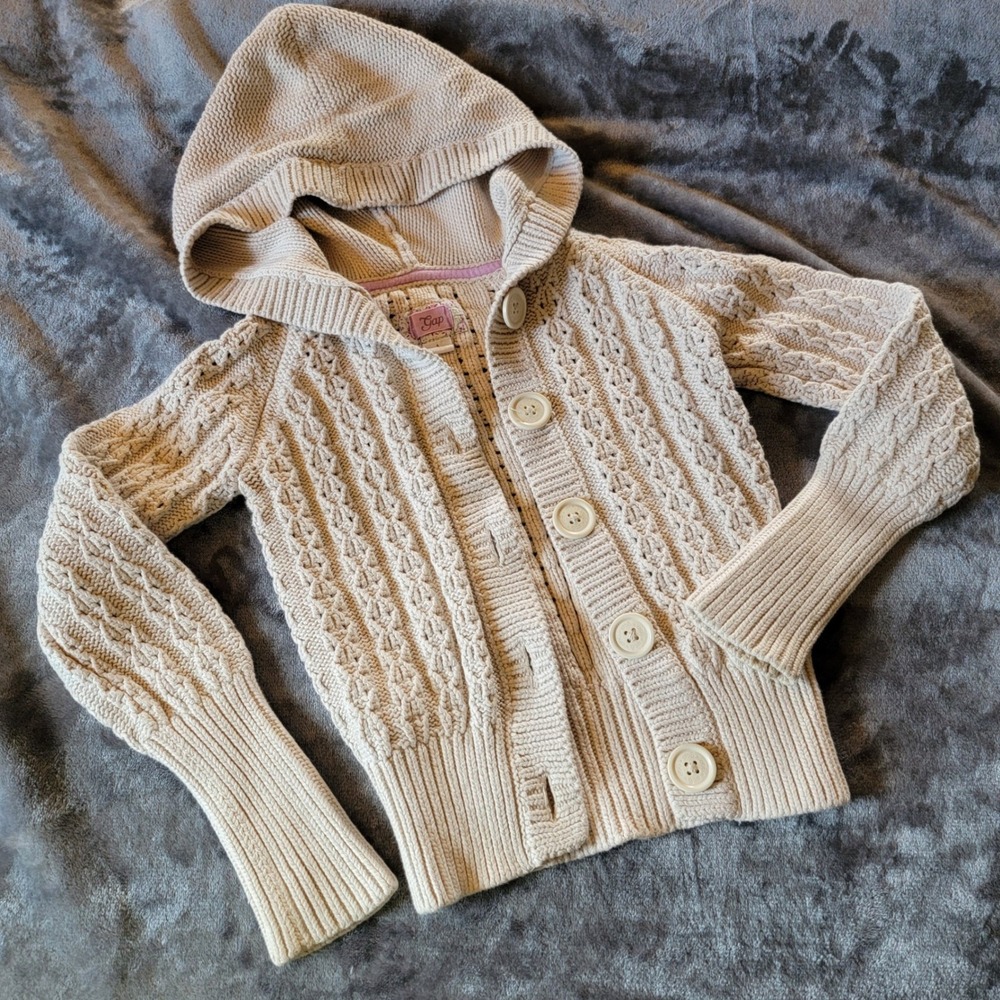 Gap Hooded Cardigan Kids Size S (6-7) Beige Excellent Cable Knit Cotton 908